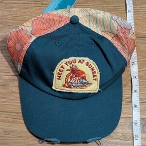 WURL Meet You At Sunset Trucker Hat Teal Blue Floral Mesh Distressed Snapback